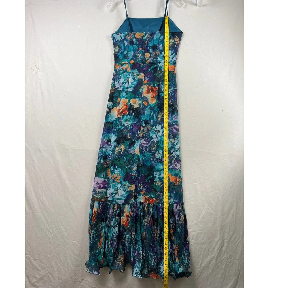 XSCAPE Floral Maxi Dress Women 6 Teal Purple Ruffle Strapless Tropical Gown - Picture 4 of 12